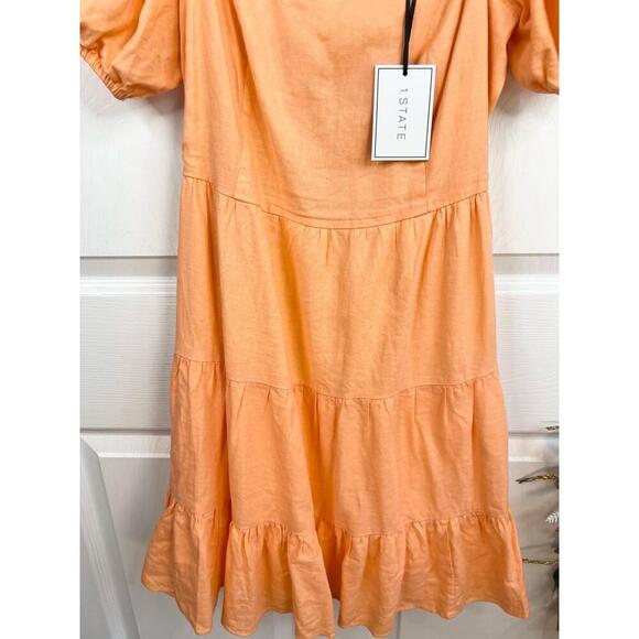 1STATE Orange Puff Sleeves Linen Blend Tiered Skirt Open Tie Back Dress Sz S - Picture 6 of 13